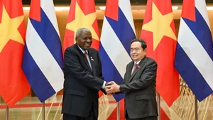 越南国会主席陈青敏与古巴全国人民政权代表大会主席兼国务委员会主席埃斯特万·拉索·埃尔南德斯。