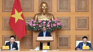 越南政府总理范明正在会议上发表讲话。