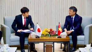 越南外交部常务副部长阮明宇（右）会见日本外务大臣政务官、众议院议员岛田智明。（图片来源：越通社）