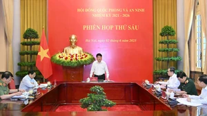 越南国家主席、国防与安全委员会主席梁强在会上发表讲话。