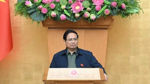 越南政府总理范明正在会议上致辞。