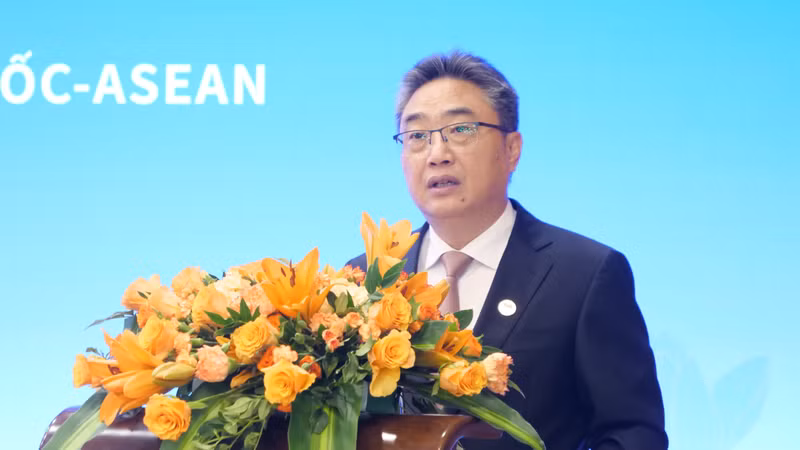 2025年9月，中国-东盟中心秘书长史忠俊在越南驻华大使馆举行的经贸投资对接会上发言。