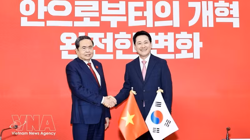 越南国会主席陈青敏会见韩国国民力量党党首张东赫。（图片来源：越通社）