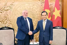 越共中央书记处书记、中央政策与战略部部长陈流光会见匈牙利社会党（MSZP）主席科姆亚蒂·伊姆莱（Komjáthi Imre）。（图片来源：越通社）