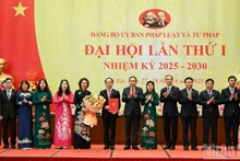 越共中央政治局委员、国会党组书记、国会主席陈青敏向国会法律与司法委员会机关党委颁发决定书，并送花表示祝贺。