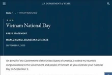 美国国务卿马尔科·鲁比奥在越南庆祝九·二国庆80周年之际代表美利坚合众国政府向越南政府和人民致以诚挚的祝贺。（图片来源：越通社）