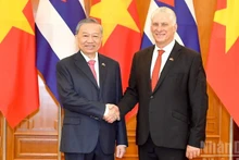 越共中央总书记苏林和古共中央第一书记、古巴共和国主席米格尔·迪亚斯。(登科 摄)