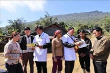 医生与村寨医务人员向少数民族同胞宣传生殖健康知识。（图片来源：越通社）