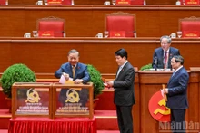 越共中央总书记苏林与党和国家领导人投票选举越南共产党第十四届中央委员会正式委员和候补委员。