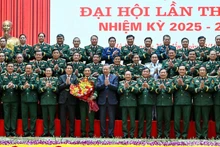 越共中央总书记、中央军委书记苏林和越南国家主席梁强与出席越共十四大的人民军党部代表团合影。