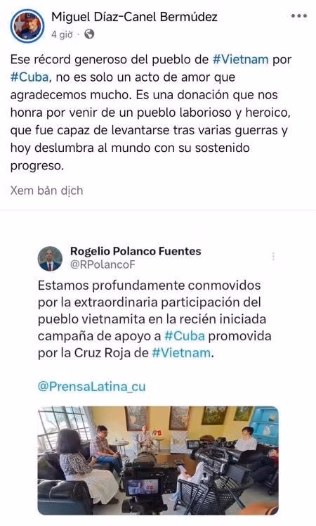 古巴共产党中央委员会第一书记、古巴共和国总统米格尔·迪亚斯-卡内尔在X社交网上分享了由越南红十字会中央委员会发起的“越南—古巴情谊65周年”运动的信息。