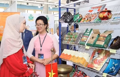 向阿尔及利亚介绍越南产品。（图片来源：越通社）