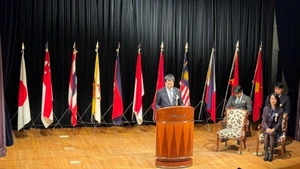 日本内阁府政策统筹官水野敦志发表演讲。（图片来源：越通社）