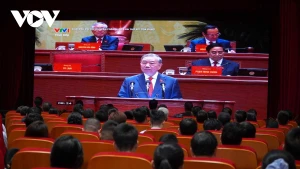 越南驻老大使馆官员和旅居老挝越南人共同收看越共十四大开幕式的电视直播。（图片来源：vov.vn）