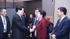 越南国家主席梁强会见中国美宝国际集团创始人李莉。(图片来源:越通社)