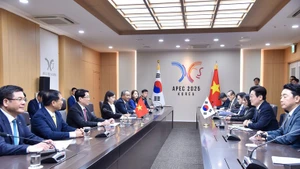 越南国家主席梁强与韩国总统李在明举行会谈。