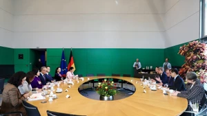 越南国会对外委员会工作代表团分别与德国联邦议院副议长博多·拉梅洛（Bodo Ramelow），德国—东盟友好议员小组主席马尔特·考夫曼（Malte Kaufmann）举行了工作会议。（图片来源：越通社）