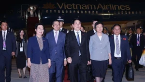 中国官员到机场迎接越南国家主席梁强一行。（图片来源：越通社）