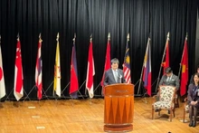 日本内阁府政策统筹官水野敦志发表演讲。（图片来源：越通社）