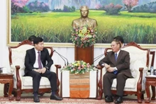 越共中央委员、越南外交部党委常务副书记、外交部副部长阮孟强（左）礼节性拜会老挝人民革命党中央政治局委员、中央书记处常务书记维莱·拉坎丰。（图片来源：越通社）