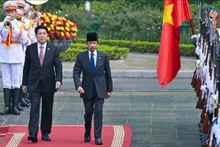 越南国家主席梁强主持仪式 欢迎文莱苏丹访问。（水原 摄）