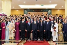 2月8日下午，越共中央总书记苏林在党中央总部会见了出席2026年家乡之春活动的海外越南人侨胞代表。（图片来源：越通社）