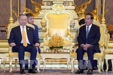 柬埔寨人民党主席洪森欢迎越共中央总书记苏林对柬埔寨进行国事访问。（图片来源：越通社）