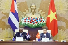 越南国会主席陈青敏与古巴全国人民政权代表大会主席埃斯特万·拉索·埃尔南德斯。（图片来源：越通社）