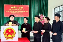 北江省安乐乡那奥村（Nà Ó）岱族同胞兴高采烈地参加投票。图片来源：越通社