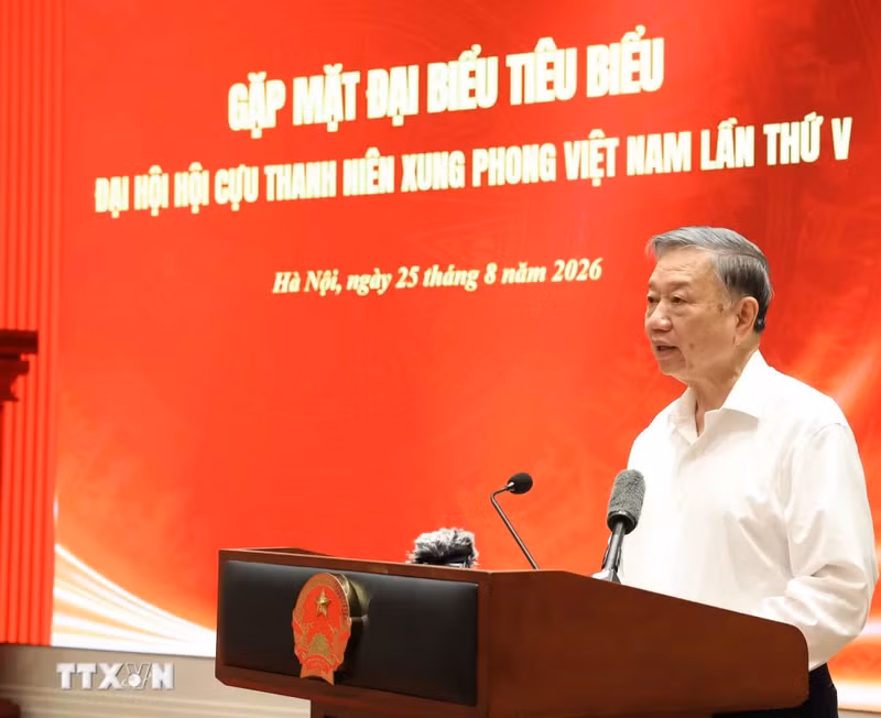 8月25日晚，越共中央总书记、国家主席苏林在见面会上发表讲话。（图片来源：越通社）