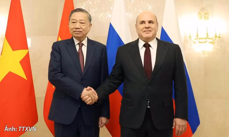 越共中央总书记、国家主席苏林会见俄罗斯总理米哈伊尔·米舒斯京。（图片来源：越通社）