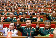 各位代表表决通过越共十四大决议。