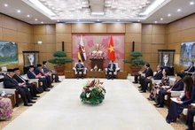 越南国会主席陈青敏会见文莱苏丹哈桑纳尔场景。