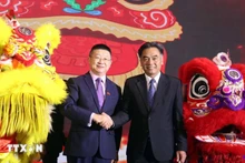 胡志明市人民委员会常务副主席阮禄河（右）与中国驻胡志明市总领事唐立。