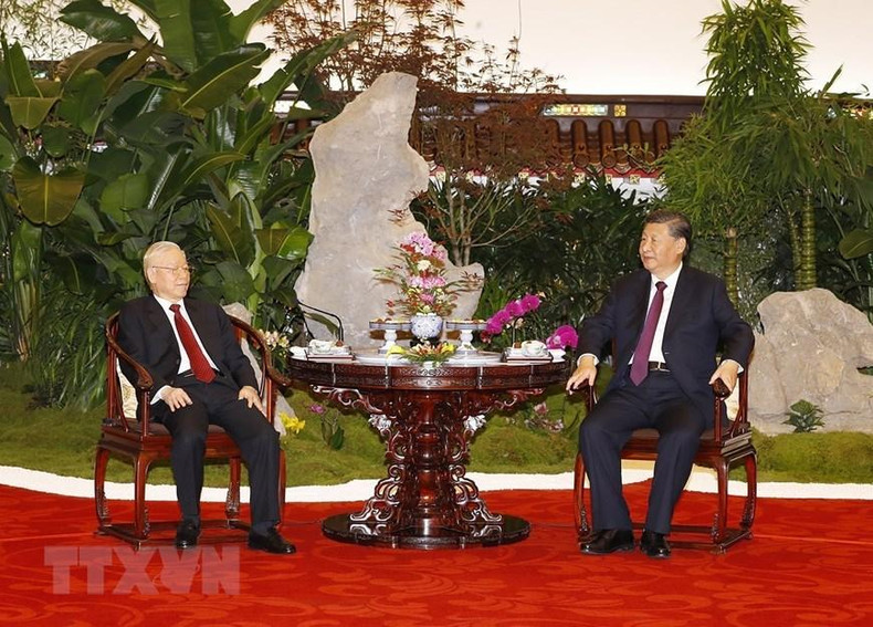越共中央总书记阮富仲和中共中央总书记、中国国家主席习近平品茶。(图片来源:越通社) 越共中央总书记阮富仲和中共中央总书记、中国国家主席习近平品茶。(图片来源:越通社)