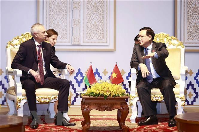 越南国会主席王廷惠会见白俄罗斯国民议会代表院（下院）副议长瓦列里·瓦茨拉沃维奇·米茨克维奇。（图片来源：越通社）