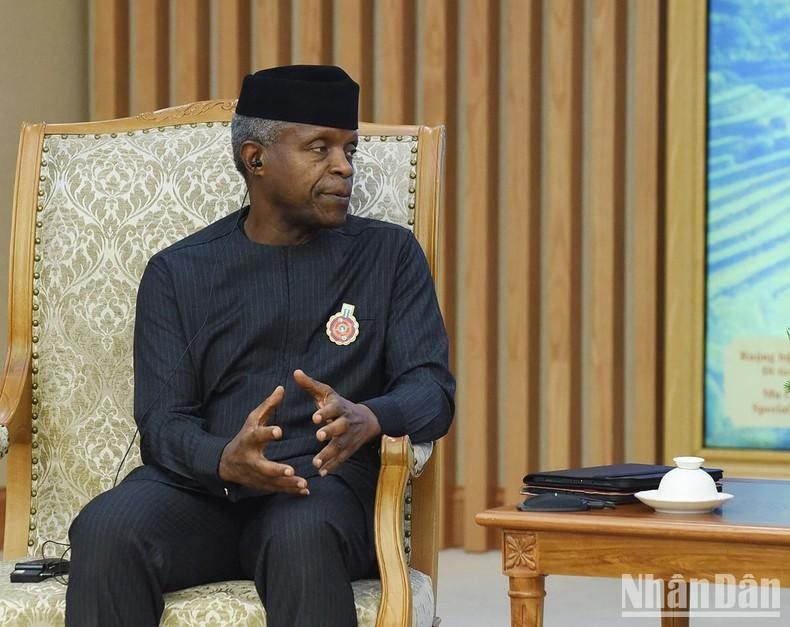 尼日利亚副总统耶米在会见中发言。