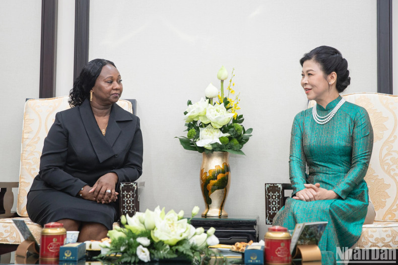 越共中央总书记、国家主席苏林夫人吴芳璃同几内亚比绍总统夫人进行茶叙。 越共中央总书记、国家主席苏林夫人吴芳璃同几内亚比绍总统夫人进行茶叙。