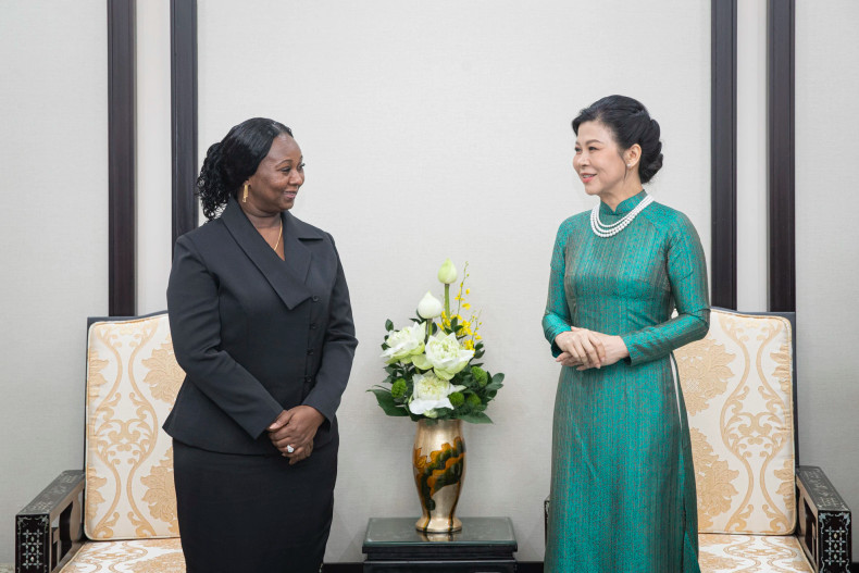 越共中央总书记、国家主席苏林夫人吴芳璃同几内亚比绍总统夫人迪尼西亚·多斯·雷斯·恩巴洛交谈。 越共中央总书记、国家主席苏林夫人吴芳璃同几内亚比绍总统夫人迪尼西亚·多斯·雷斯·恩巴洛交谈。