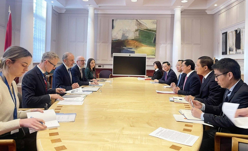 越南外交部部长裴青山同爱尔兰副总理兼外交与国防部长马丁举行会谈。(图片来源:国际报) 越南外交部部长裴青山同爱尔兰副总理兼外交与国防部长马丁举行会谈。(图片来源:国际报)