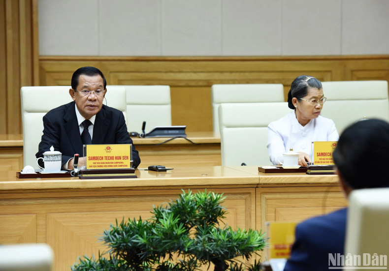 柬埔寨参议院主席洪森在会见中发表讲话。