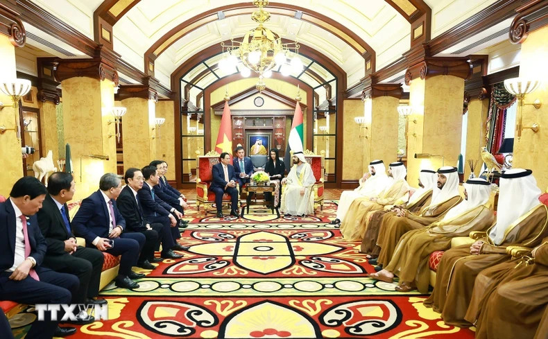 越南政府总理范明正与阿联酋副总统兼总理举行会谈。 越南政府总理范明正与阿联酋副总统兼总理举行会谈。