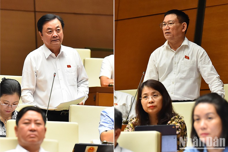 越南农业与农村发展部部长黎明欢(左)和越南财政部长胡德福参加解释和澄清国会议员关注的一些问题。 越南农业与农村发展部部长黎明欢(左)和越南财政部长胡德福参加解释和澄清国会议员关注的一些问题。