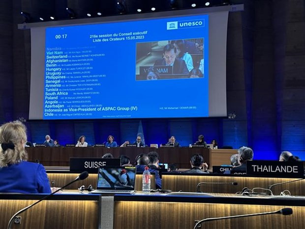 越南外交部副部长、越南联合国教科文组织全国委员会主席何金玉发表讲话。