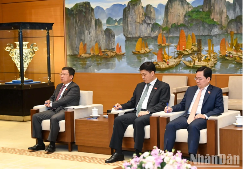 越南国会对外委员会主任武海河，国会经济委员会主任武鸿青，北宁省委书记、青年国会代表小组组长阮英俊出席会见。