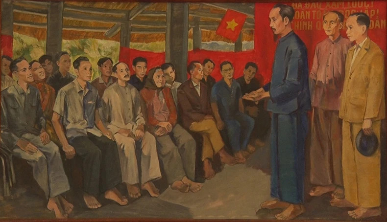 胡志明主席在新潮祠堂同国民代表交谈。(油画,画家高沧) 胡志明主席在新潮祠堂同国民代表交谈。(油画,画家高沧)