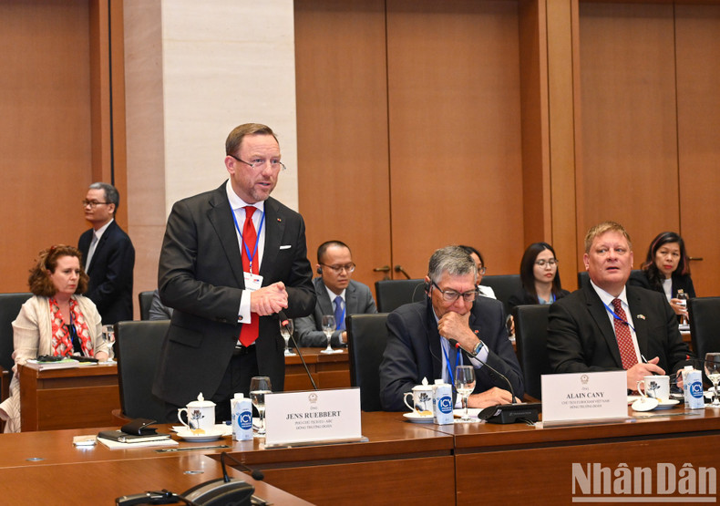 欧盟-东盟商业理事会董事会副主席延斯·鲁伯特在会见中发表讲话。