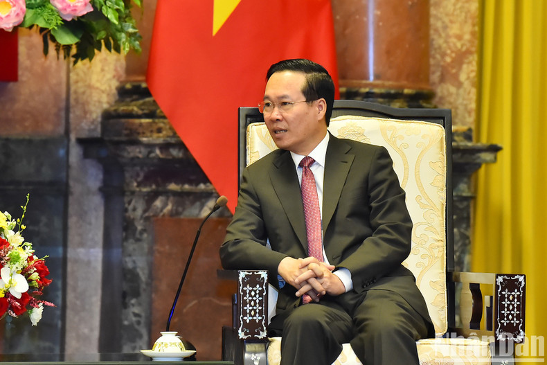 越南国家主席武文赏在会见中发表讲话。