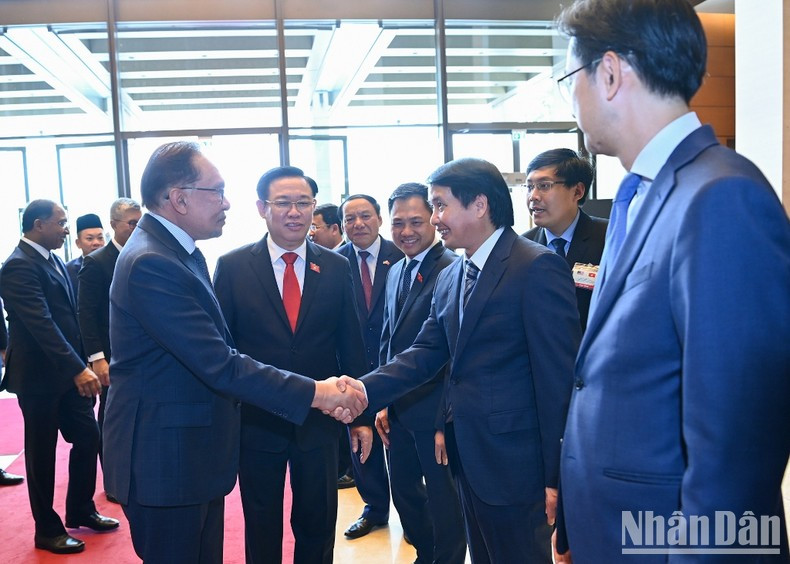 国会主席王廷惠向马来西亚总理安瓦尔·易卜拉欣介绍出席会见的越方代表团团员。