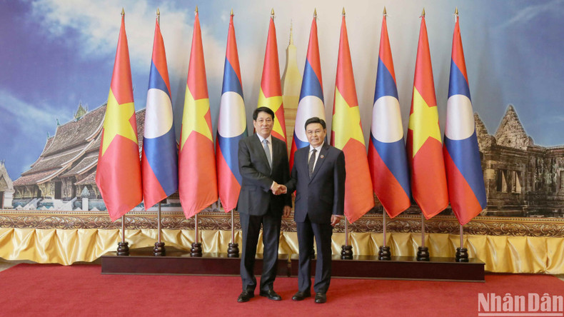 越南国家主席梁强和老挝国会主席赛宋蓬。